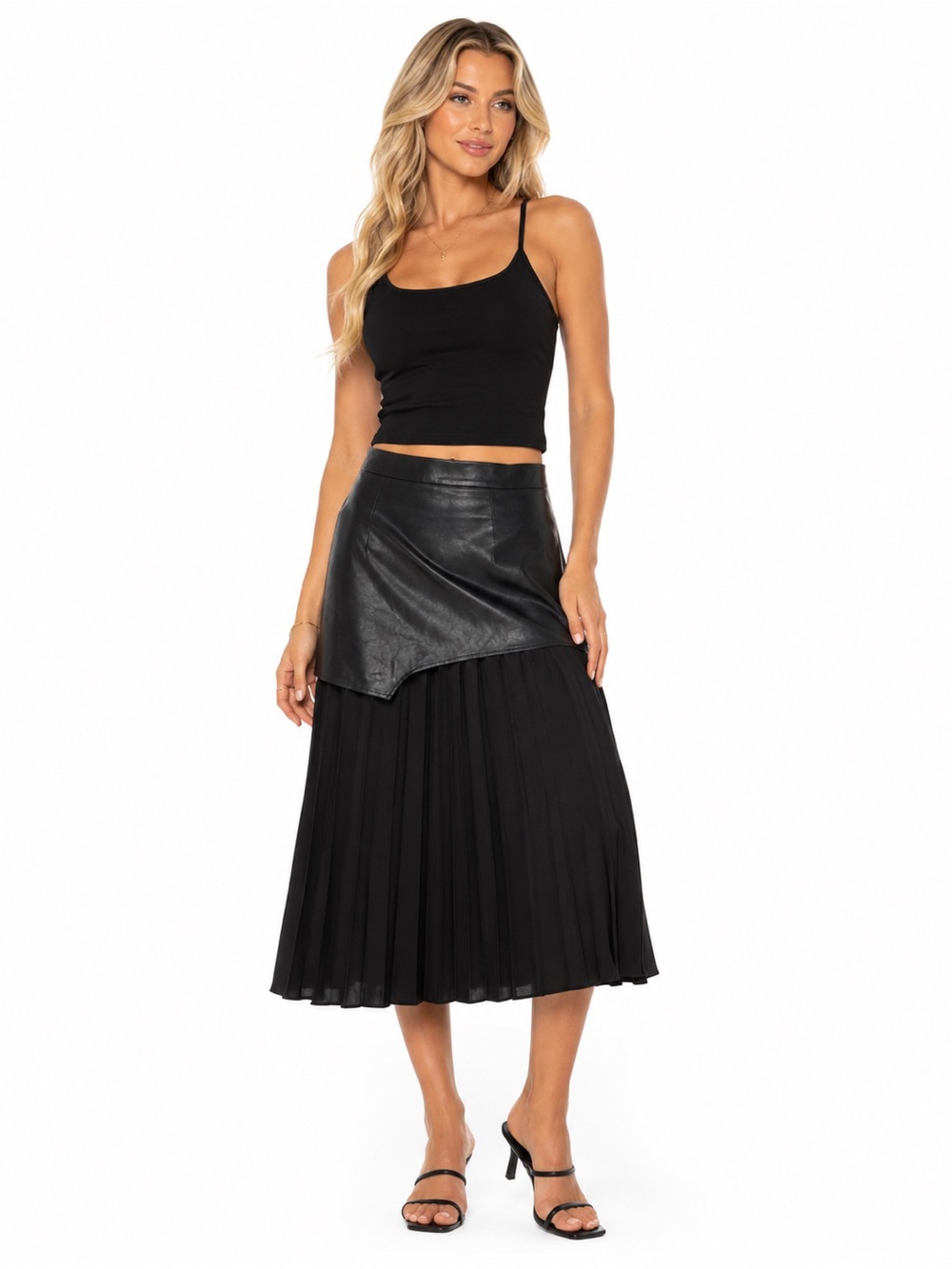Micas Black Faux Leather Pleated Midi Skirt | Size XS - Picture 1 of 14